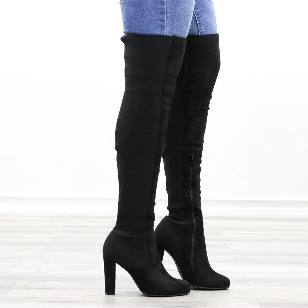 Black Over-the-Knee Boots Pointed Toe Faux Suede High Block Heel